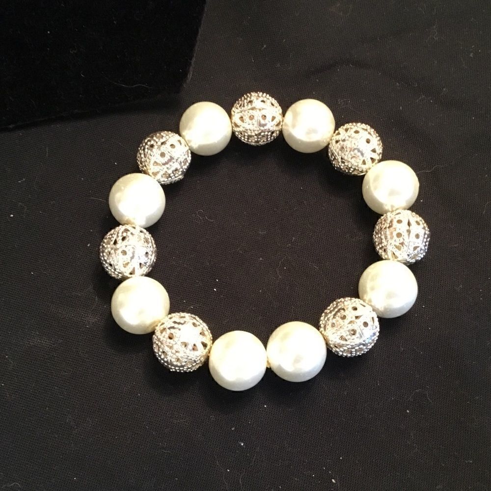 Larger Size Faux White Pearl and Silvertone Filigree Beads Bracelet